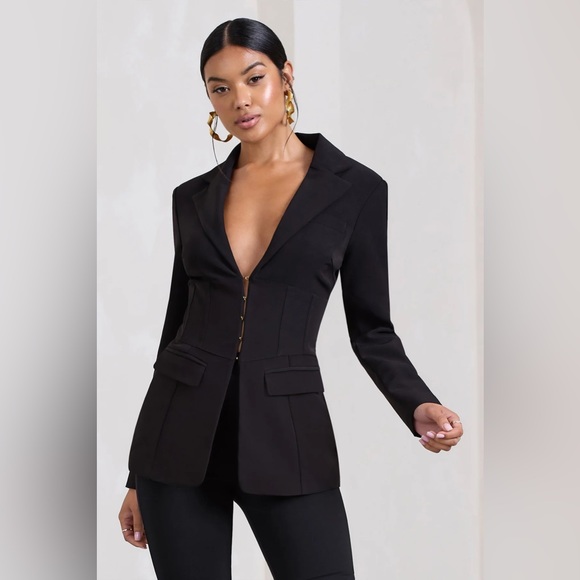 UNBEATEN BLACK PLUNGE CORSET WAIST BLAZER CLUB L LONDON US2 NEW - Picture 2 of 10